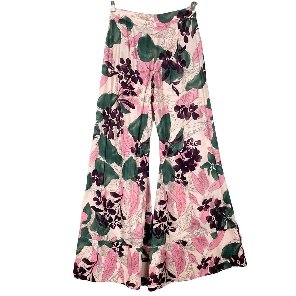 NWT New ALEXIS Pants M Floral Pink Green Super-Wide-Flare Cuffed Palazzo”Dasha” - Picture 2 of 15